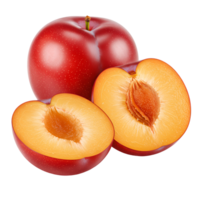 A close up of a whole plum and two plum halves showing the inside on a plain setting fruit image transparent background png