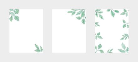 Watercolor hand painted green stems with leaves minimalistic border frames set.Templates with copy space for postcards, banner posts, invitations or greeting cards vector