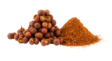 Pile of szechuan peppercorns next to a mound of ground spice on a plain colored surface transparent background png
