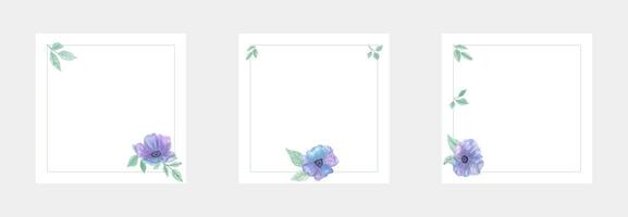 Watercolor hand painted anemone flowers and stems with leaves minimalistic border frames set.Templates with copy space for postcards, banner posts, invitations or greeting cards vector