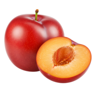 A whole plum and a halved plum showing the pit on a plain setting for product photography transparent background png
