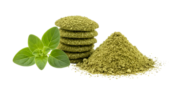 A stack of cookies with powder and a sprig of green leaves on a plain studio style backdrop transparent background png