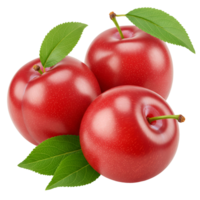 A close up of three fresh plums with green leaves on a plain studio style setting and smooth lighting transparent background png