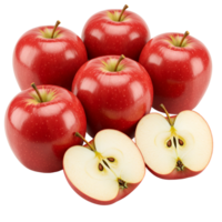 A group of several shiny crimson apples with two cut in half on a simple plain colored setting transparent background png