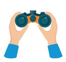 Person Holding Binocular in Hand and Looking Far Ahead, Watching Someone Closely. Observation, Discovery, Future concept. vector