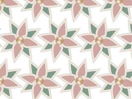 Symmetrical floral pattern in pastel green, pink, and cream. Each flower has a gold center, creating an elegant and decorative design. vector