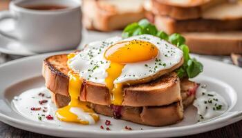 toast with egg in a hole served with bacon and drink for breakfast photo