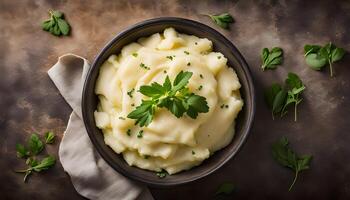 Pomme puree, an overhead photo of a bowl of mashed potatoes with herbs, shot from the top on a rustic background with a place for text