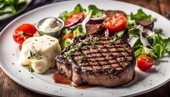 Beef steak with salad, mozzarella and tomatoes, two dip and mashed potato behind photo