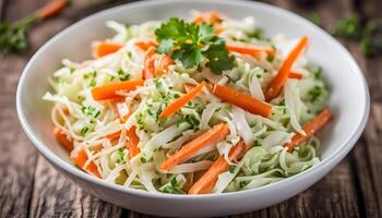 Traditional coleslaw salad with fresh sliced carrots and cabbage in a white bowl with copy space photo
