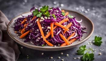 Red Cabbage and Carrot Slaw salad with cilantro and sesame seeds on stone background photo
