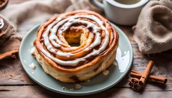 Homemade Cinnamon Roll Pastry with Vanilla Icing photo