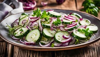 Cucumber and red onion salad on wooden background photo
