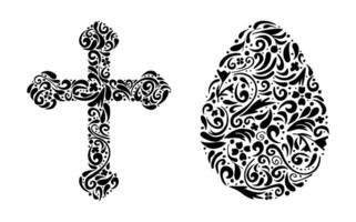 Cross and egg set with patterns. Decorative elements of religious themes, Easter symbols. A template for engraving, prints, tattoos, and postcards. illustration. vector