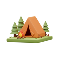 A stylized camping scene featuring a tent, campfire, and trees on a grassy surface in a simple style transparent background png
