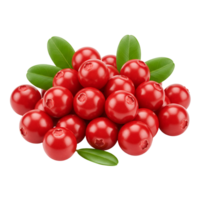 A vibrant pile of cranberries with fresh green leaves against a plain colored setting view from above transparent background png