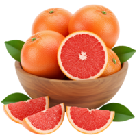 A wooden bowl filled with whole and sliced grapefruits and several green leaves around the citrus fruit transparent background png
