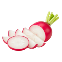 A fresh radish with green leaves and several slices isolated on a plain color environment transparent background png