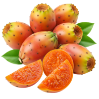 A group of prickly pears with green leaves and some slices on a plain colored transparent surface transparent background png