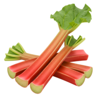 Close up of several stalks of rhubarb with leaves stacked against a plain background view from above transparent background png