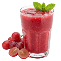 A glass of grape smoothie with mint garnish and fresh grapes on the side in a bright setting transparent background png