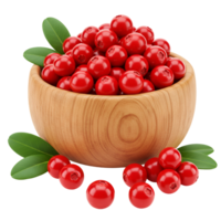 Abundance of vibrant red cranberries overflowing from a light wooden bowl with green leaves around it transparent background png
