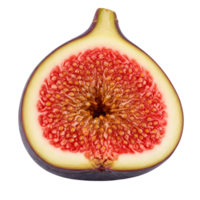 A close up view of a halved fig showing the seeds and skin on a plain isolated setting space transparent background png