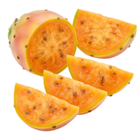 A sliced prickly pear fruit with vibrant orange flesh and tiny seeds against a plain backdrop view image transparent background png