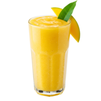 A glass filled with yellow smoothie garnished with a leaf and a slice of fresh vibrant fruit piece transparent background png