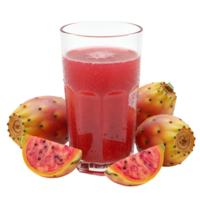 A glass of vibrant prickly pear juice surrounded by whole and sliced prickly pears on a plain setting transparent background png