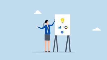 Present idea, 4k animation of businesswoman presenting new lightbulb idea with graph and chart. video