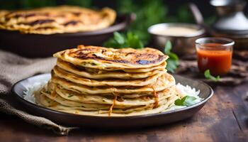 Parotta or Porotta, a layered flatbread made of Maida. This flaky ribbon pancake is a favourite of Kerala. Shot with Butter chicken made of grilled chicken chunks cooked in buttery creamy tomato gravy photo