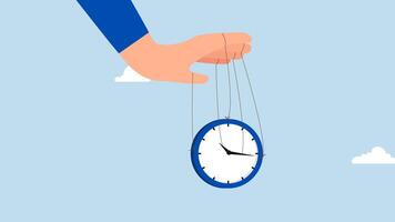 Control time, 4k animation of entrepreneur manipulates time using a clock puppet. video