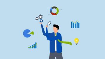 Data analysis chart and report, 4k animation of businessman analyze data with magnifying glass. video