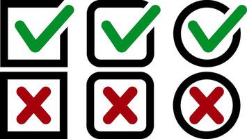 Green tick and red cross set button icon Check mark clipart set. X, yes, no symbol vector