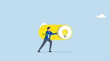 Turn on new idea, 4k animation of entrepreneur flips toggle switch to activate concept. video