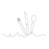 Continuous One Line Drawing. Spoons, Forks, Knife, Eating Utensils illustration vector