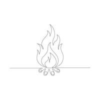 Continuous Bonfire in one line art drawing style. Campfire black line sketch vector