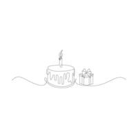 Continuous one line drawing of birthday cake with present box vector