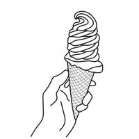 Line drawing of hand holding ice cream cone. Ice cream cone line art Illustration vector