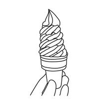 Line drawing of hand holding ice cream cone. Ice cream line art vector