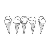 Line art illustration of five ice cream cones with scoops of ice cream vector