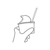 Line art of Hand holding a cup of ice cream with a spoon vector