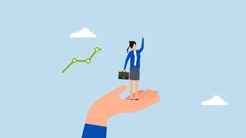 Helping hand support for business success, 4k animation of hand assisting businesswoman in achieving success with ascending graph. video