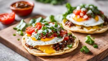 Huevos Rancheros tostadas with fried egg, tomato salsa, bean paste and cheese on wooden board photo