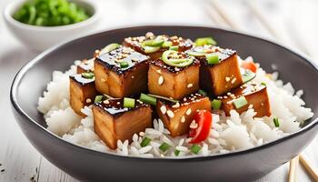 Teriyaki baked tofu with rice sprinkled by spring onion, sesame seeds, japanese cuisine, served with rice, sliced tomato, lemon on a white bowl with chopsticks on a white wooden background, close-up photo