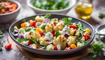 Roasted cauliflower salad with vegetables and yogurt sauce. Side view table. photo