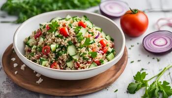 Tabbouleh salad with tomato, cucumber, red onion, bulgur and parsley. Healthy vegan food photo
