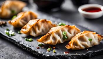 Close-up of fried japanese gyoza dumplings with soy sauce on a stone slate tray, selective focus photo