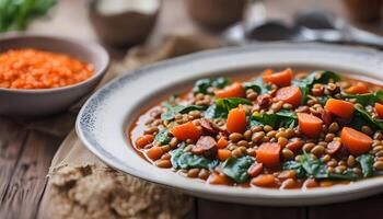 Lentil stew with chorizo, spinach and carrot. Top view table with decorations. photo